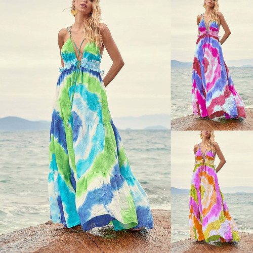 Summer Tie-Dye Stripe Printed Strap Maxi Dress