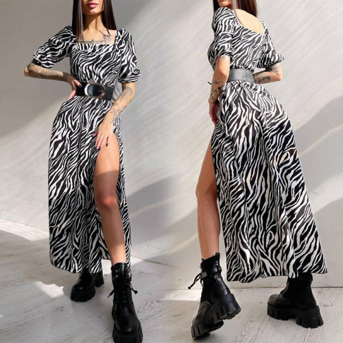 Kadın Yaz Seksi Yarık Zebra Baskı Elbise