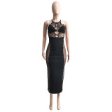 Women Sexy See-Through Mesh Patchwork Hollow Out Long Bodycon Dress