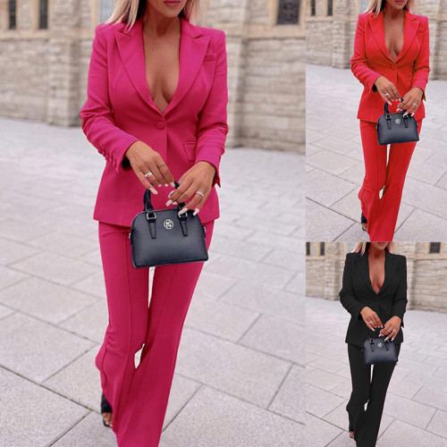 Moda İş Kadınları Profesyonel Katı Blazer Ve Pantolon İki Parçalı Takım