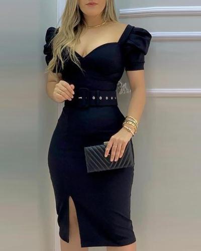 Women Sexy Bubble Sleeves Square Collar With Belt Bodycon Dress