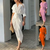 Women Summer Solid Sexy Pleated Shirt Dress