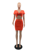 Women's solid color fashion sexy Crop Ruched two-piece skirt set