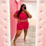 Plus Size Women's Casual Solid Color Sporty Lace-Up Two Piece Shorts Set