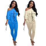 2022 spring women's slash shoulder ruffled flared sleeve loose Top and Pants Two Piece Set