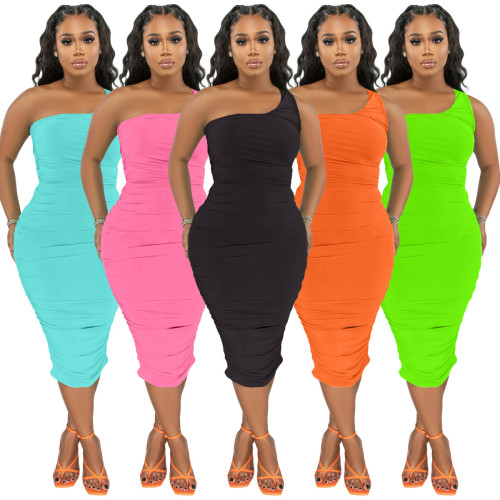 Women solid color one shoulder strap Ruched sexy dress