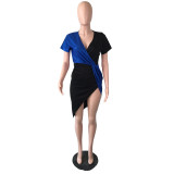 Sequin Contrast High Waist Solid Chic Career Midi Dress Short Sleeve Slim Waist Dress