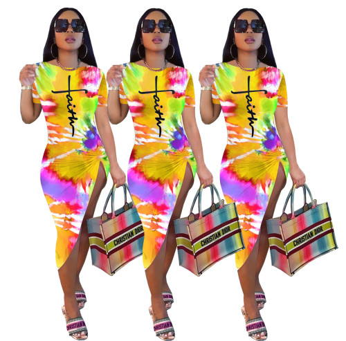 Vestido feminino verão moda tie-dye com estampa de letras irregulares