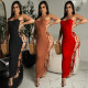 Women's Summer Sexy Straps Lace-Up Slit Solid Color Long Dress