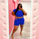 Plus Size Women's Casual Solid Color Sporty Lace-Up Two Piece Shorts Set
