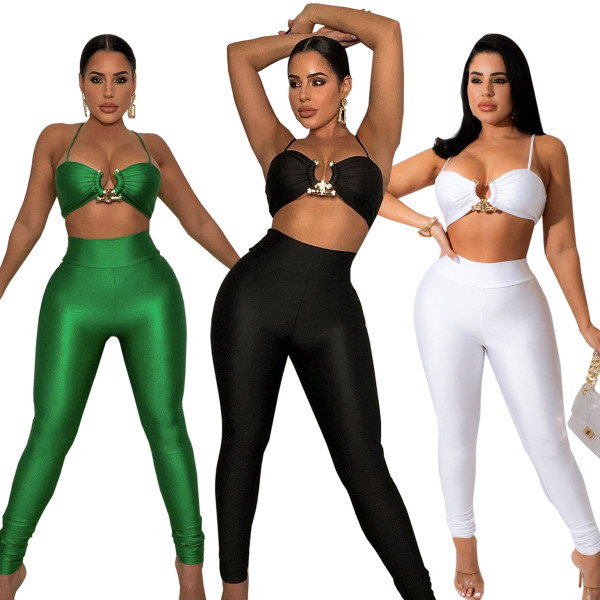 Women's Sexy Solid Color Crop Tank and Pants Two Piece Women's Clothing