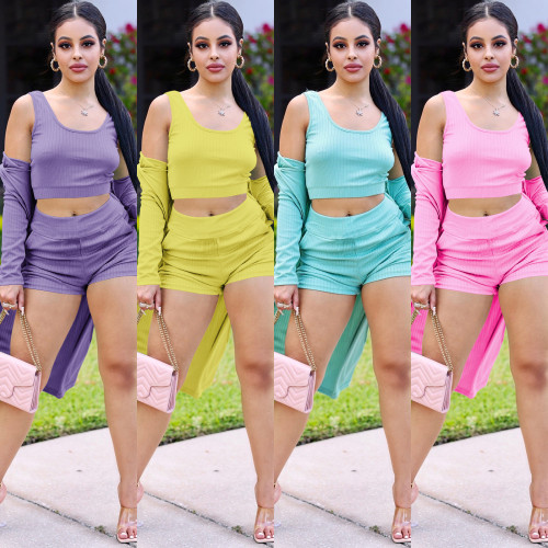 Kadın Modası Günlük Ribana Örgü Düz Renk Yaz Mahsul Tankı + Şort + Hırka Üç Parçalı Set