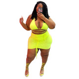 Plus Size Women's Sexy Solid Bra Tank Slim Ruched Nightclub Skirt Set