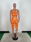 Conjunto de dos piezas de pantalones cortos con cordones y cuello en V sexy con estampado digital para mujer