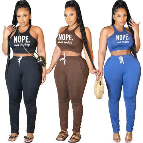 Women's Letter Print Sports Casual Crop Tank and Pants Two Piece Set