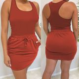Sexy Solid Color Tank Top Drawstring Skirt Casual two Piece Set