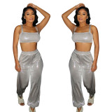 Women's Suits Fashion Sexy Shiny Bright Crop Tank and Loose Pants Two Pieces Set Women's Clothing