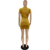 Women's Fashion Solid Turndown Collar Button Up Short Sleeve Velvet Casual Dress