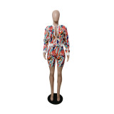 Women's Spring/Summer Muticolor print Ziper Up Long Sleeve Slim fitted Two Piece Shorts Set