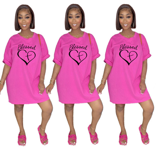 Женская мода Loose Maxi Print Slim Fit Платье-футболка с коротким рукавом