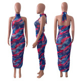 Women's Mesh Ruched Low Back Print Sleeveless Sexy Long Dress