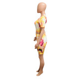 Women's Low Back Lace-Up Tie Dye Print Short Sleeve Two Piece Shorts Set
