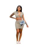 Women's solid color fashion sexy Crop Ruched two-piece skirt set