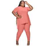 Plus Size Women's Solid Asymmetric Lace-Up Ruched Casual Two Piece pants Set