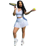 Women's Fashion Sexy Solid Color Slim-Fit Tennis Sports Tank Top Tennis Skirt Two Piece Set