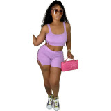 Women's Ribbed Casual Sports Solid Lace-up Crop Tank and Shorts Two Piece Set