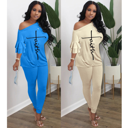 2022 spring women's slash shoulder ruffled flared sleeve loose Top and Pants Two Piece Set