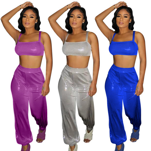 Women's Suits Fashion Sexy Shiny Bright Crop Tank and Loose Pants Two Pieces Set Women's Clothing