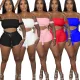 Women's Solid Color Off Shoulder Ribbed Crop Two-Piece Shorts Set with Belt