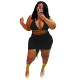 Plus Size Women's Sexy Solid Bra Tank Slim Ruched Nightclub Skirt Set