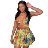 Women's Club Halter Neck Lace-Up Print Bra Two-Piece Pleated Skirt Set