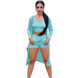 Women's Fashion Casual Rib Knit Solid Color Summer Crop Tank+Shorts+Cardigan Three Piece Set