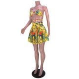 Women's Club Halter Neck Lace-Up Print Bra Two-Piece Pleated Skirt Set