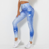 Digital Print Denim Blue Tight Fitting High Stretch Quick Dry Yoga Pants Sports Running Tight Fitting Fitness Pants Women