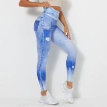Pantalones de Yoga de secado rápido con estampado Digital de mezclilla azul ajustado de alta elasticidad para correr, pantalones deportivos ajustados para mujer