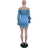Women's Solid Blue Denim Off Shoulder Flared Sleeve Denim Dress
