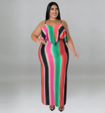 Plus Size Women's Summer 2022 Intercolor Print Sling Sexy Bodycon Dress