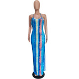 Women's Tie Dye Print Sling Low Back Slit Dress