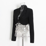 Spring Rhinestone Chain Style Patchwork Suit + Short Bodycon Skirt