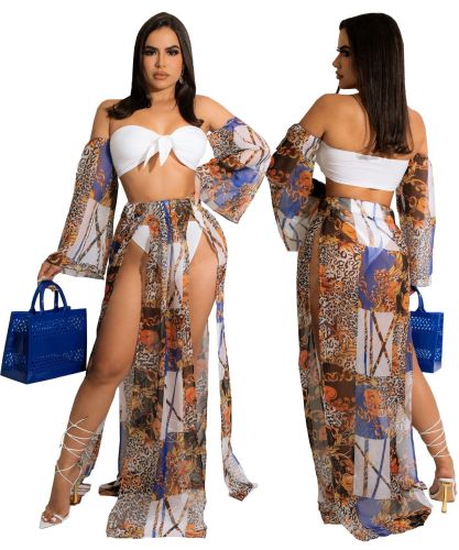 Kadın File Bikini İki Parça Mayo Şal Plaj Elbisesi Üç Parça