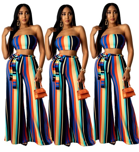 Dos piezas sexy con cordones en la cintura a rayas multicolor para mujer