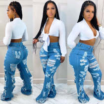 Moda Versátil Slim Fit Sexy Stretch Ripped Micro Flare Jeans