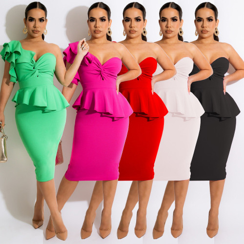 Women's Fashion Casual Sexy One Shoulder Gown Dress Ruffle Slit Slim Dress