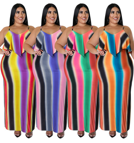 Büyük Beden Kadın Yaz 2022 Intercolor Print Sling Seksi Bodycon Elbise