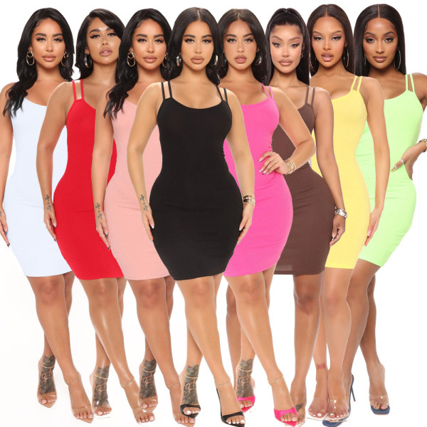 Summer Short Sleeve Solid Color Sling Women's Dress