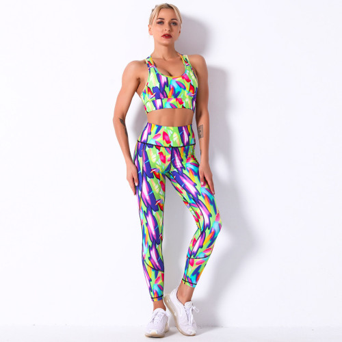 Dijital Baskı Nefes Çiçek Sutyen Yoga Takım Elbise Kadın Koşu Spor Fitness Pantolon Kadın